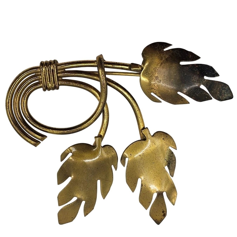 Vintage Brass Leaf Spray‎ Brooch Modernist Abstract Mid Century Statement 3" Pin